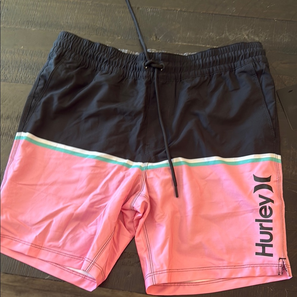 Hurley Pink and Black Board Shorts with Elastic Waistband